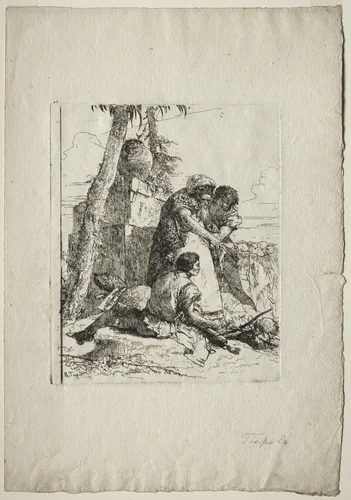 Scherzi di Fantasia: Magician Pointing Out a Burning Head to Two Youths by Giovanni Battista Tiepolo, print, 1745-1765