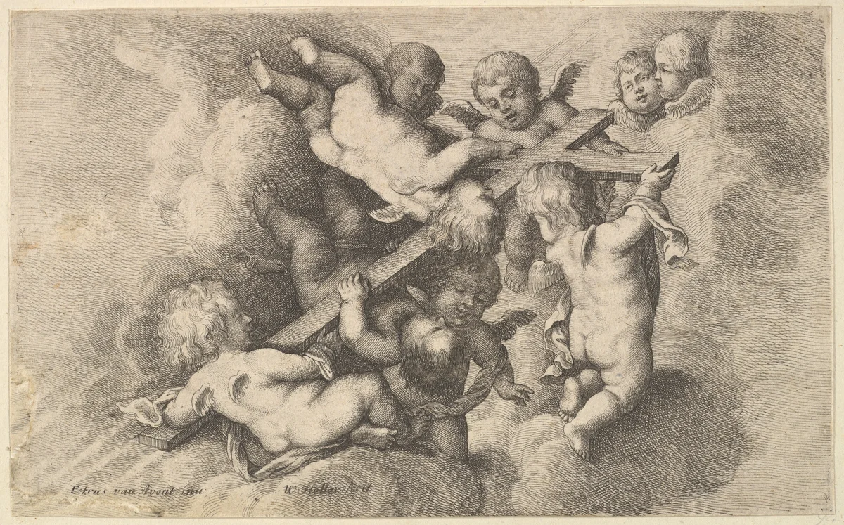 Seven putti carrying the cross by Wenceslaus Hollar, print, 1646