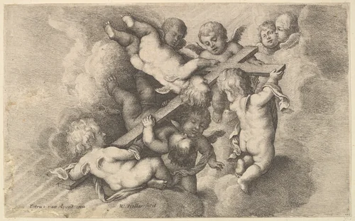 Seven putti carrying the cross by Wenceslaus Hollar, print, 1646