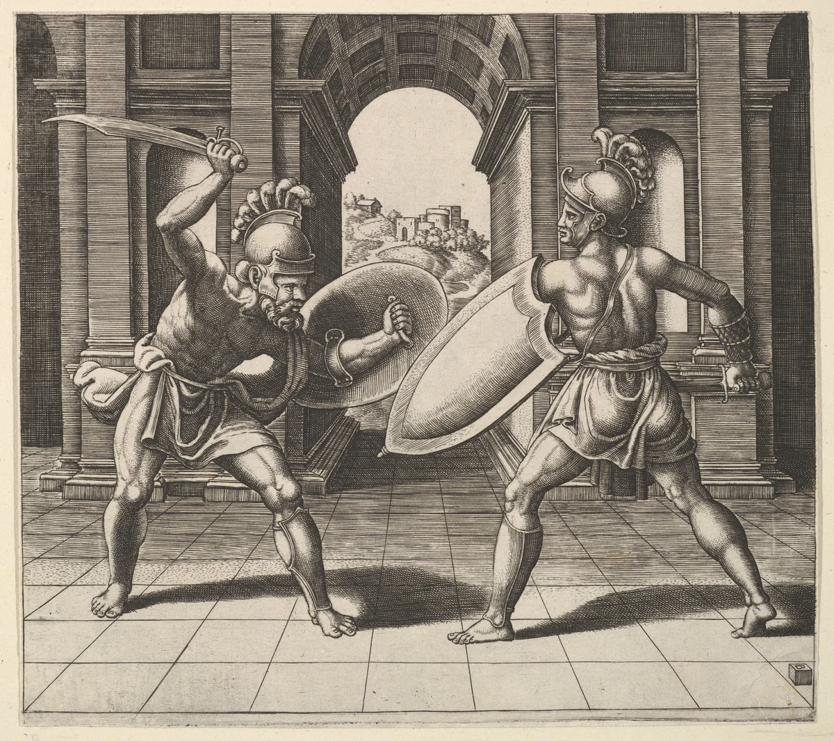 Two gladiators fighting in front of an arch by Master of the Die, print, 1530-1560