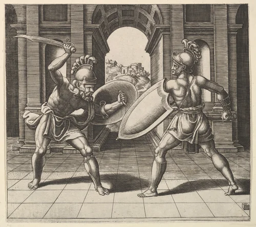 Two gladiators fighting in front of an arch by Master of the Die, print, 1530-1560