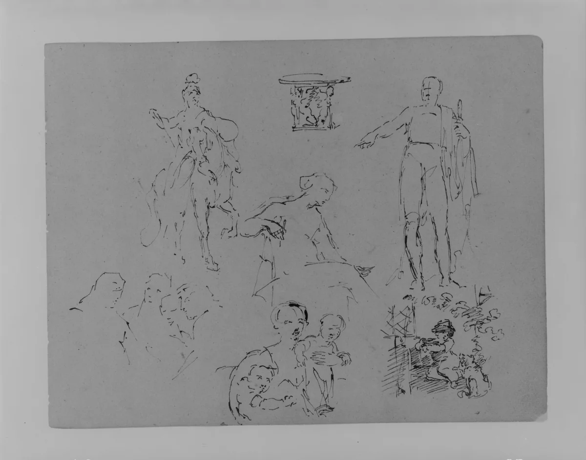 Six Figure Sketches and a Round Table (from Sketchbook) by Thomas Sully, artwork, 1810-1820