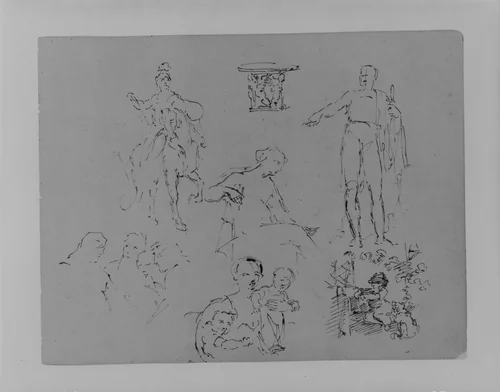 Six Figure Sketches and a Round Table (from Sketchbook) by Thomas Sully, artwork, 1810-1820