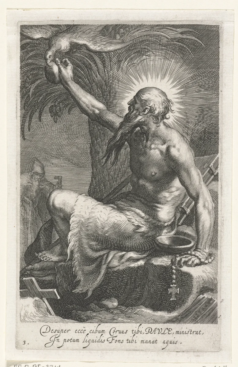 Heilige Paulus van Thebe als kluizenaar by Boëtius Adamsz. Bolswert, print, 1590-1612