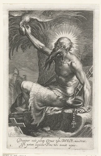 Heilige Paulus van Thebe als kluizenaar by Boëtius Adamsz. Bolswert, print, 1590-1612