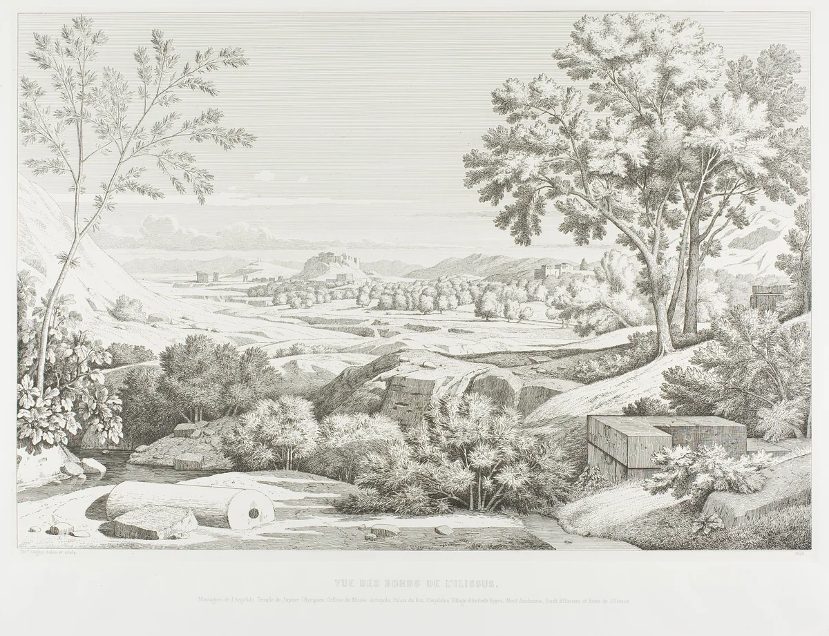 View from the Banks of the Illisós: Mountains of the Argolid, Temple of Olympic Jupiter, the Acropolis, Palace of King Corydalus, Village of Ambelo'kypos, Mount Anchesmos, Forest of Olives and the River Illisós by Théodore Caruelle d' Aligny, print, 1846