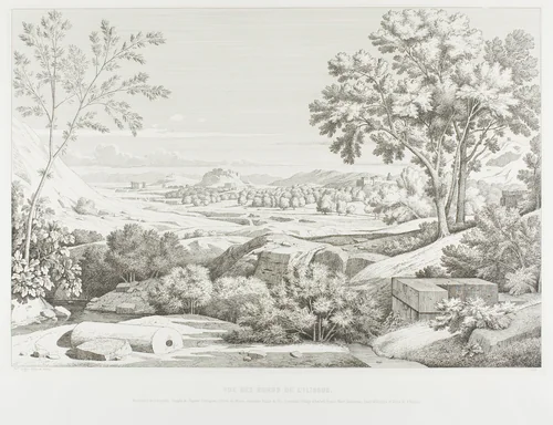 View from the Banks of the Illisós: Mountains of the Argolid, Temple of Olympic Jupiter, the Acropolis, Palace of King Corydalus, Village of Ambelo'kypos, Mount Anchesmos, Forest of Olives and the River Illisós by Théodore Caruelle d' Aligny, print, 1846