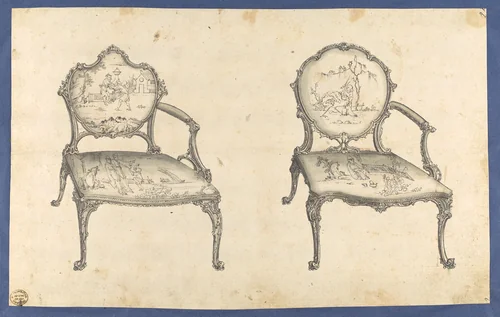 Two French Chairs, in Chippendale Drawings, Vol. I by Thomas Chippendale, drawing, 1753
