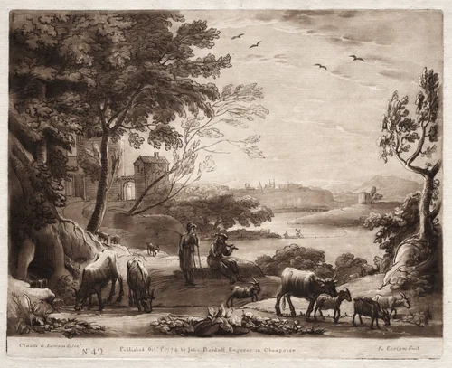 Liber Veritatis: No. 42, A River Landscape with a Shepherd and Shepherdess and a Herd of Cattle by Richard Earlom, print, 1774