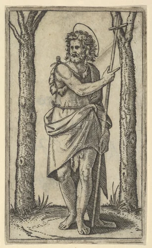 John the Baptist holding a staff, from "Piccoli Santi" (Small Saints) by Marcantonio Raimondi, print, 1495-1532
