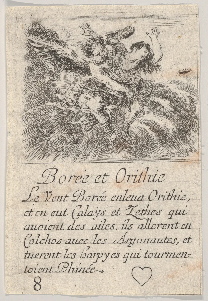 Boreas and Orithyia, from "Game of Mythology" (Jeu de la Mythologie) by Stefano della Bella, print, 1644