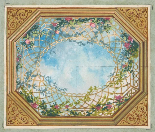 Design for a ceiling painted with clouds, trellises, and roses by Jules-Edmond-Charles Lachaise, drawing, 1850-1900
