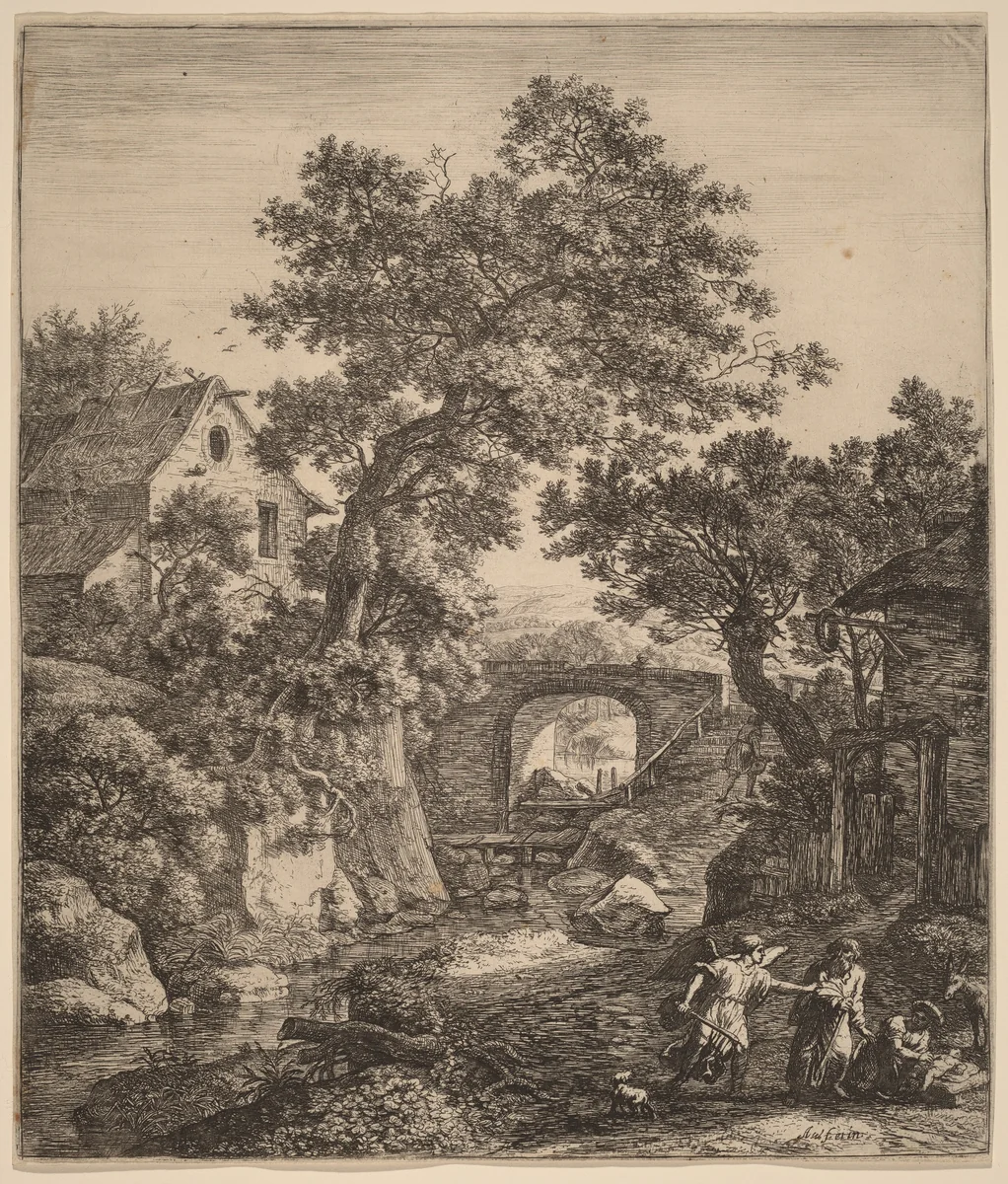 Landscape with the Circumcision of Moses' Son by Anthonie Waterloo, print, 1609-1690