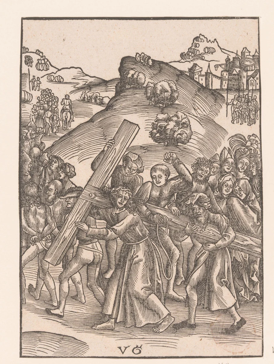 Christus wordt bij het dragen van het kruis geholpen door Simon van Cyrene by anonymous, print, 1506