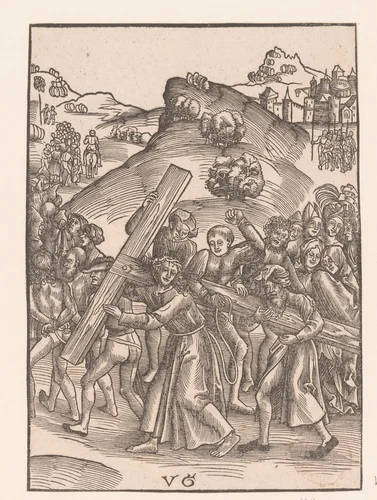 Christus wordt bij het dragen van het kruis geholpen door Simon van Cyrene by anonymous, print, 1506