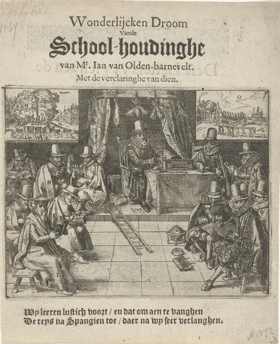 Mannen in een klaslokaal by Pieter Feddes van Harlingen, print, 1611-1623