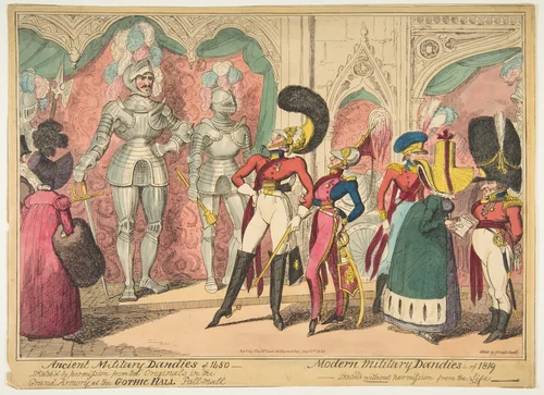 Ancient Military Dandies of 1450 – Modern Military Dandies of 1819 by George Cruikshank, print, 1835