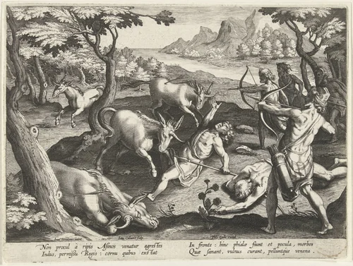 Jacht op eenhoorns by Unknown, print, 1594-1598
