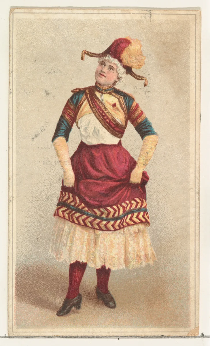 Actress lifting long skirt to dance, from Stars of the Stage, Second Series (N130) issued by Duke Sons & Co. to promote Honest Long Cut Tobacco by W. Duke, Sons & Co., print, 1891