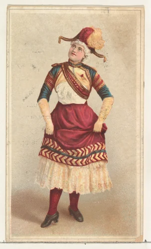 Actress lifting long skirt to dance, from Stars of the Stage, Second Series (N130) issued by Duke Sons & Co. to promote Honest Long Cut Tobacco by W. Duke, Sons & Co., print, 1891