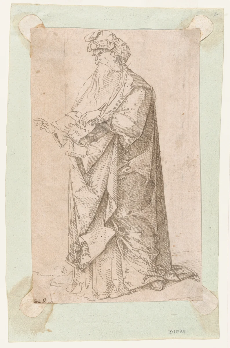 Standing Male Figure with a Scroll by Andrea Mantegna, drawing, 1500-1506