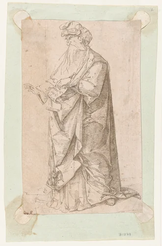 Standing Male Figure with a Scroll by Andrea Mantegna, drawing, 1500-1506