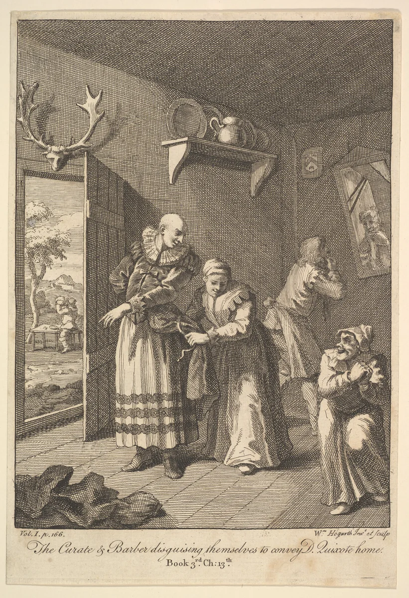 The Curate and the Barber Disguising Themselves to convey Don Quixote Home (Six Illustrations for Don Quixote) by William Hogarth, print, 1756