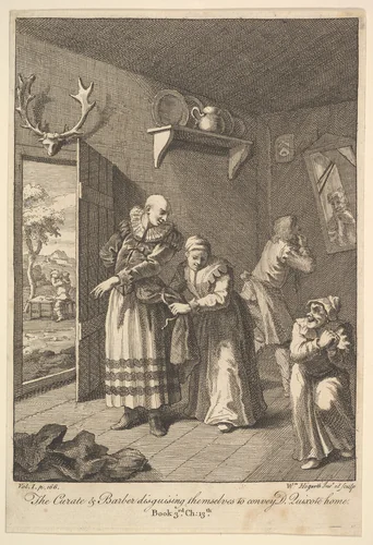 The Curate and the Barber Disguising Themselves to convey Don Quixote Home (Six Illustrations for Don Quixote) by William Hogarth, print, 1756