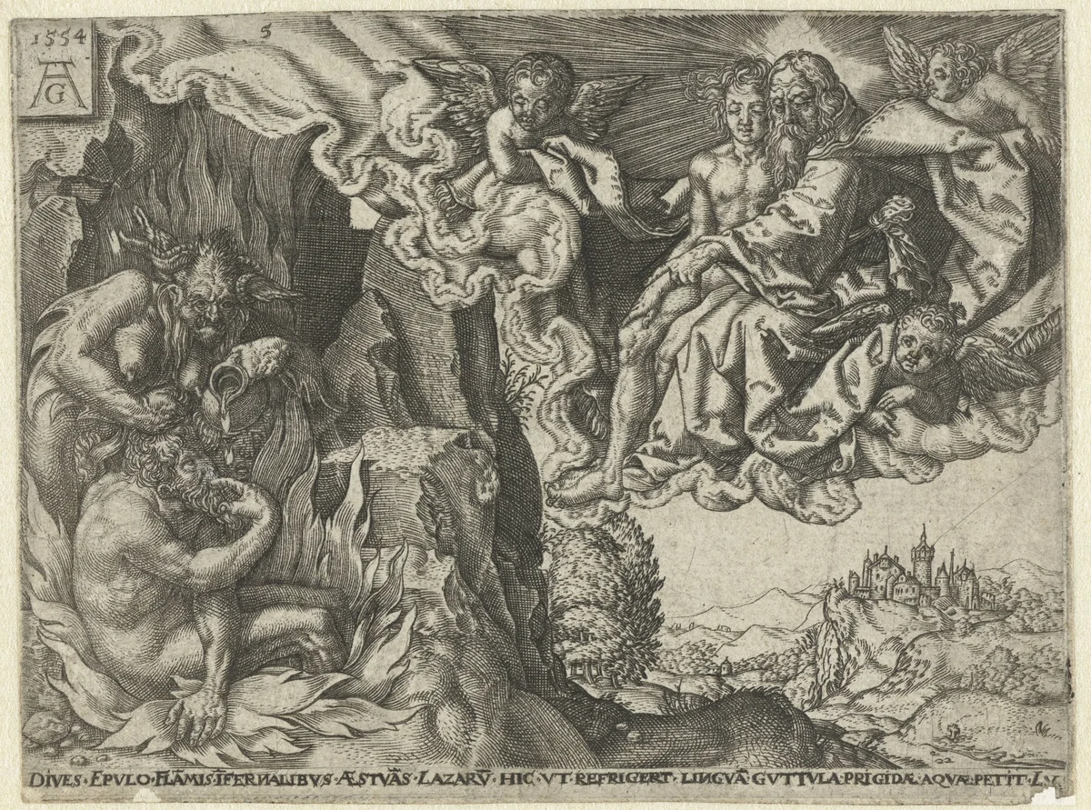 De rijke man in de hel ziet Abraham met Lazarus by anonymous, print, 1554-1610