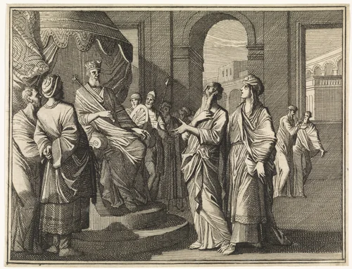 Jakob wordt door Jozef aan de farao voorgesteld by Caspar Luyken, print, 1712
