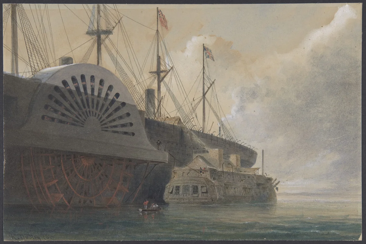 The Old Frigate Iris with Her Freight of Cable Alongside the Great Eastern at Sheerness: The Cable Passed from the Hulk to the Great Eastern by Robert Charles Dudley, drawing, 1865
