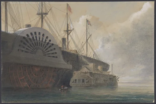 The Old Frigate Iris with Her Freight of Cable Alongside the Great Eastern at Sheerness: The Cable Passed from the Hulk to the Great Eastern by Robert Charles Dudley, drawing, 1865