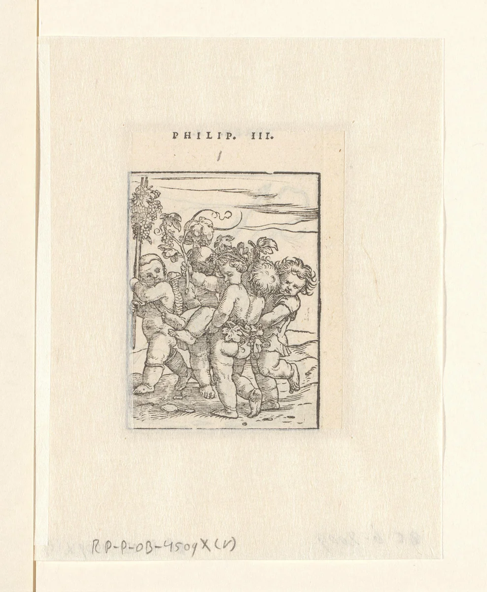 Drie kinderen dragen een kind en een ander kind draagt een stok met wijnranken by Hans Holbein, print, 1547