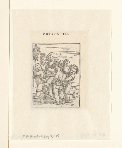 Drie kinderen dragen een kind en een ander kind draagt een stok met wijnranken by Hans Holbein, print, 1547