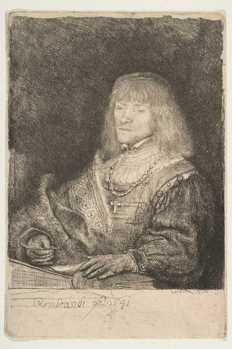 Man at a Desk Wearing a Cross and Chain by Rembrandt van Rijn, print, 1641