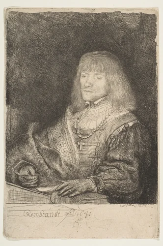 Man at a Desk Wearing a Cross and Chain by Rembrandt van Rijn, print, 1641