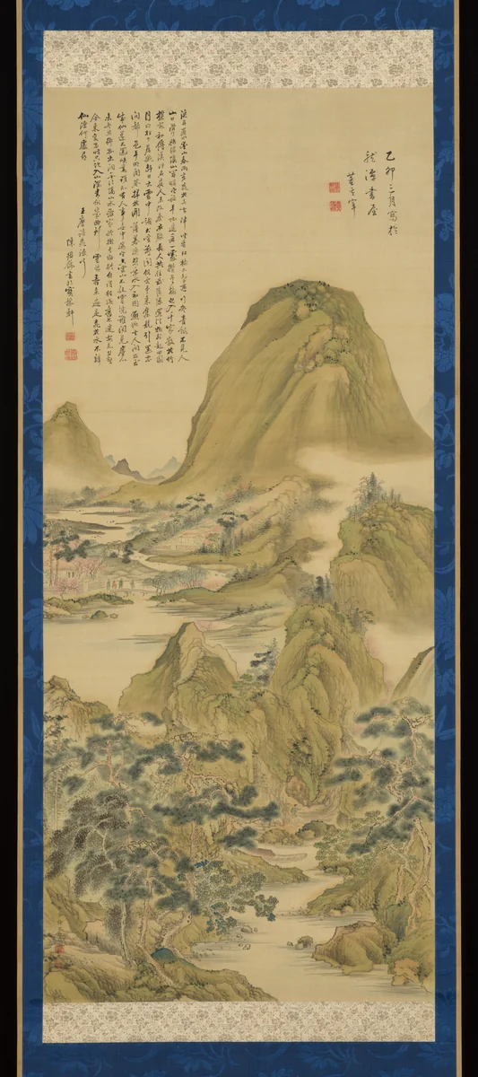After The Song of Peach Blossom Spring, attributed to Dong Qichang, with an inscription of Wang Wei’s poem attributed to Chen Jiru by Aoki Shukuya, painting, 1784-1804