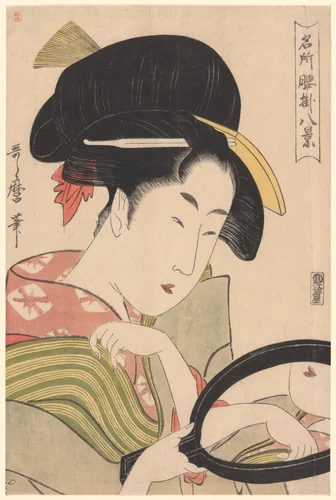 Mirror, from the series “Eight Views of Tea-stalls in Celebrated Places" ("Meisho koshikake hakkei") by Kitagawa Utamaro (喜多川歌麿), print, 1790-1801