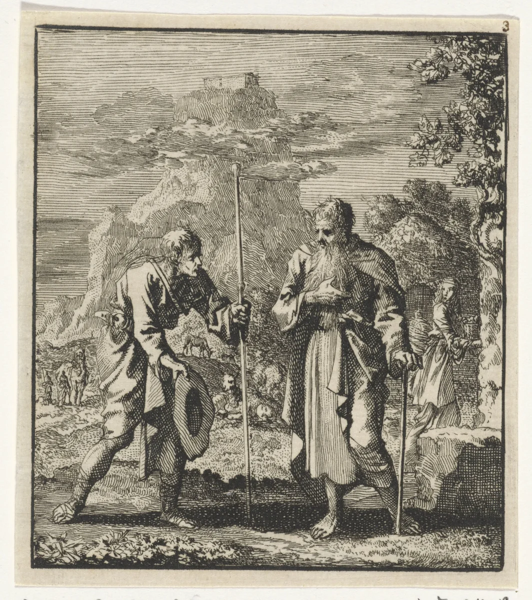 Wandelende ziel ontmoet Noach by Jan Luyken, print, 1706