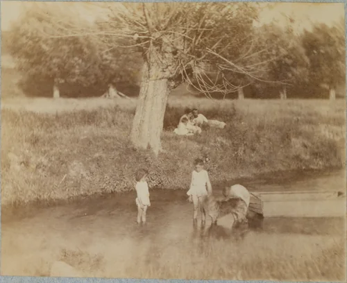 [Three Children and a Dog Playing in the Creek, July 4, 1883] by Thomas Eakins, photograph, 1883