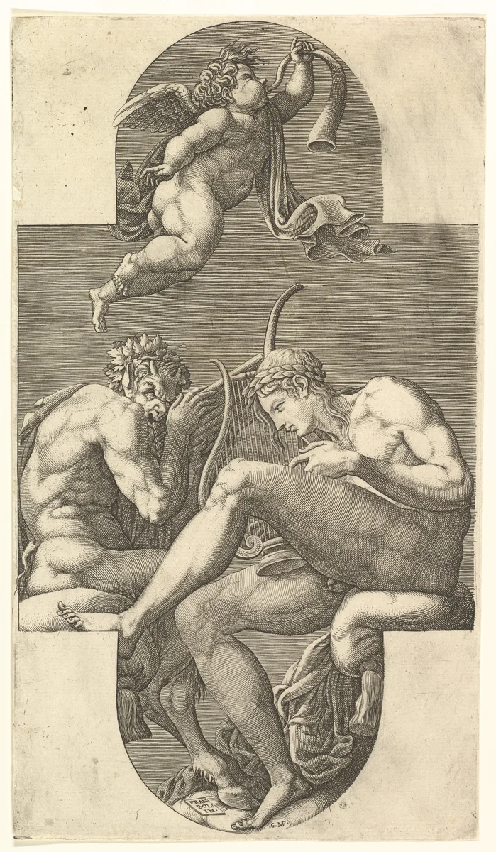 Apollo, Pan, and a Putto Blowing a Horn, a cruciform composition, from a series of eight compositions after Francesco Primaticcio's designs for the ceiling of the Gallery of Ulysses (destroyed 1738-39) at Fontainebleau by Giorgio Ghisi, print, 1560-1569