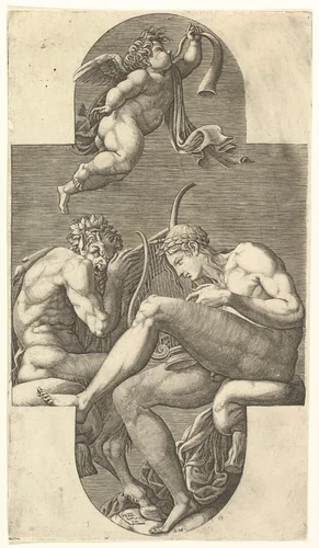 Apollo, Pan, and a Putto Blowing a Horn, a cruciform composition, from a series of eight compositions after Francesco Primaticcio's designs for the ceiling of the Gallery of Ulysses (destroyed 1738-39) at Fontainebleau by Giorgio Ghisi, print, 1560-1569