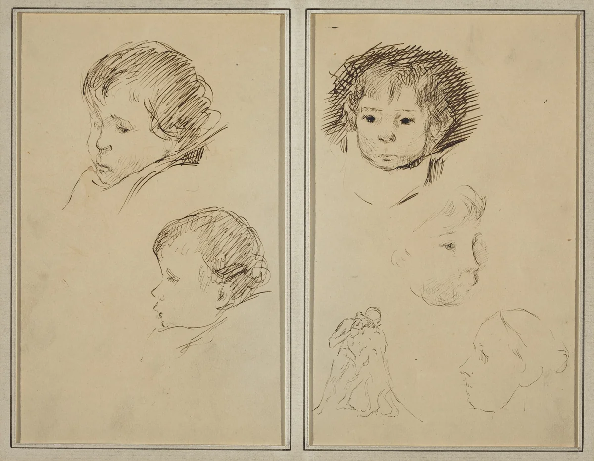 Two Studies of a Child's Head; Two Studies of a Child's Head, a Woman in Profile, and a Man Wrestling an Animal [recto] by Paul Gauguin, drawing, 1884-1888