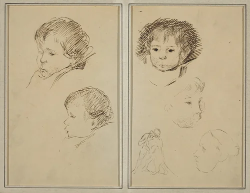 Two Studies of a Child's Head; Two Studies of a Child's Head, a Woman in Profile, and a Man Wrestling an Animal [recto] by Paul Gauguin, drawing, 1884-1888