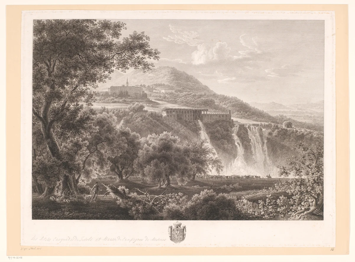 Landschap met de kleine watervallen van Tivoli by Wilhelm Friedrich Gmelin, print, 1792