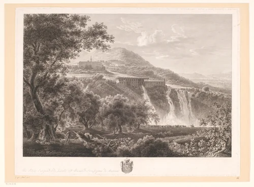 Landschap met de kleine watervallen van Tivoli by Wilhelm Friedrich Gmelin, print, 1792