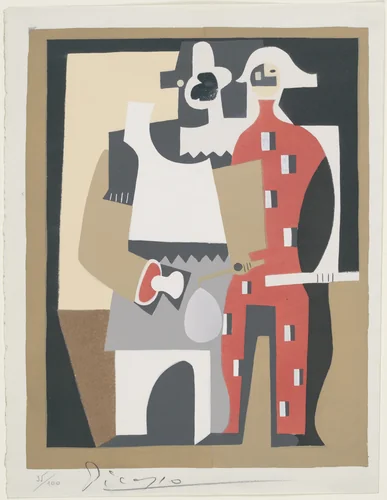 Pierrot and Red Harlequin, Standing from the series Dix Pochoirs by Pablo Picasso, print, 1921