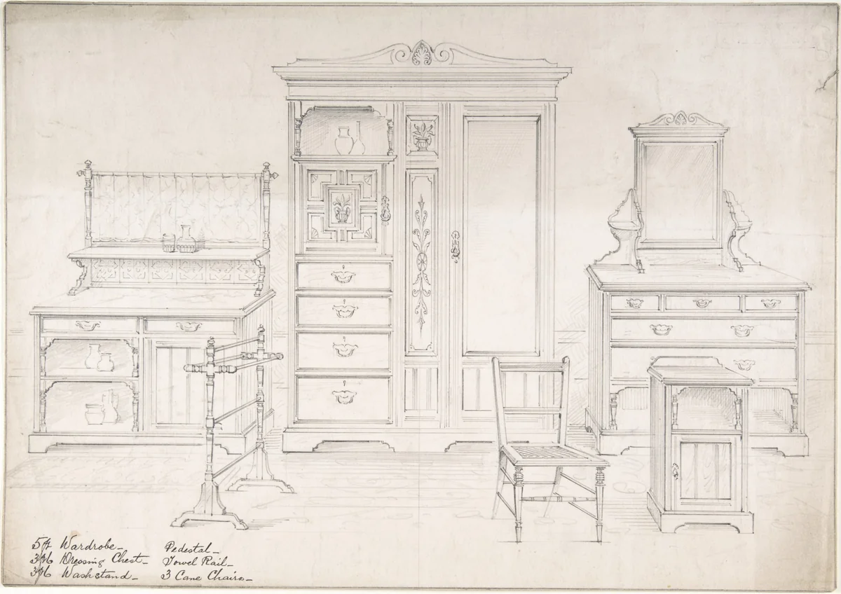 Designs for a Wardrobe, Dressing Chest, Wash Stand, Pedestal, Towel Rail and Cane Chairs by anonymous, drawing, 1830-1880