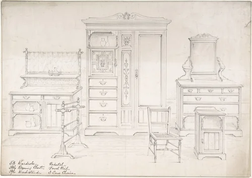 Designs for a Wardrobe, Dressing Chest, Wash Stand, Pedestal, Towel Rail and Cane Chairs by anonymous, drawing, 1830-1880