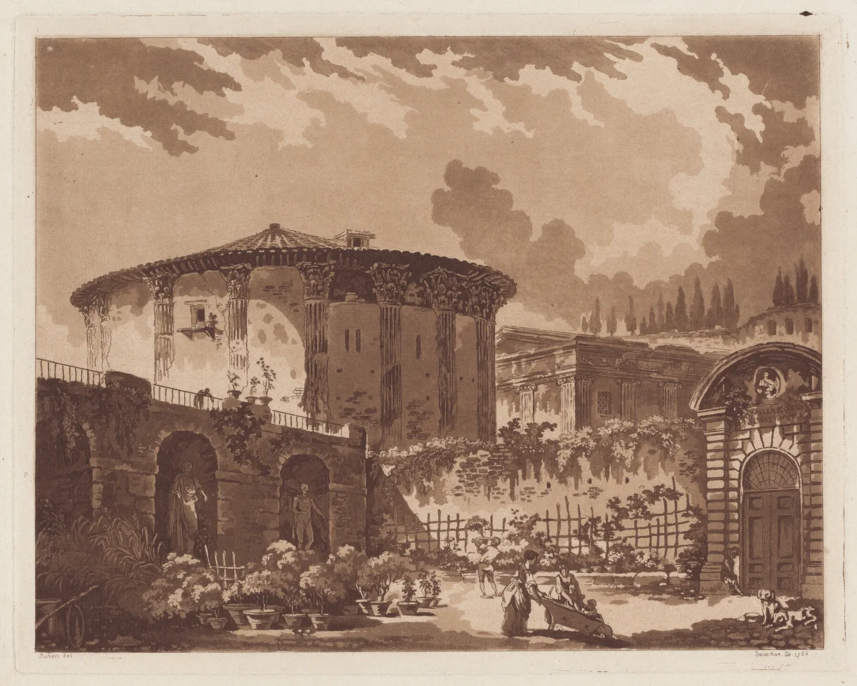 View in the Garden of a Roman Villa, with the Temple of Hercules Victor and the Temple of Portunus by Hubert Robert, print, 1766